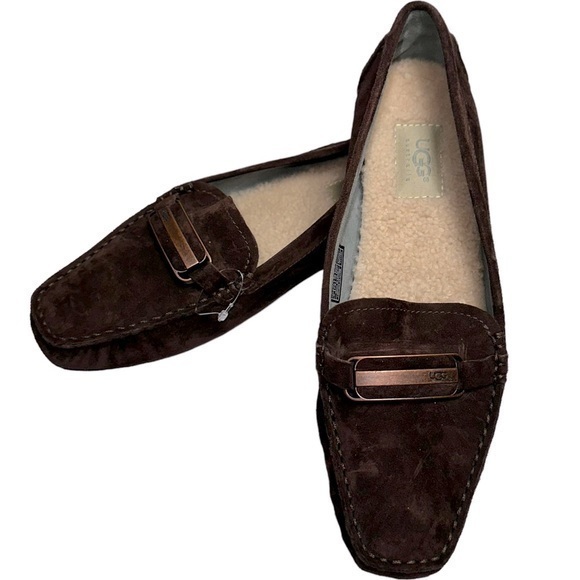 UGG Shoes - Ugg Womens Size 9 Dark Brown Suede Shearling Lined Slip On Driving Shoes Loafers